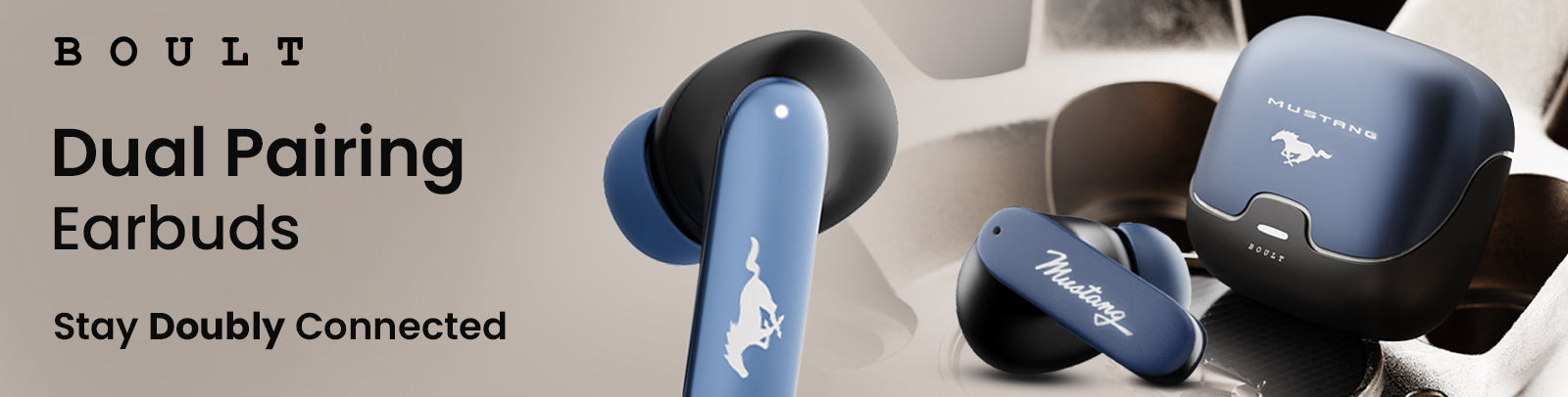 Wireless earbuds with dual device connectivity, featuring a sleek blue and black finish and compact charging case