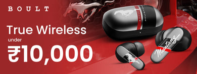 earbuds under 10000 with a bold black and red design, featuring a charging case and stylish branding.