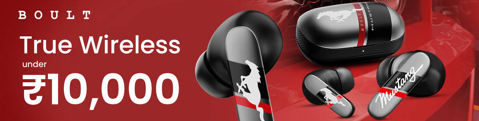 earbuds under 10000 with a bold black and red design, featuring a charging case and stylish branding.